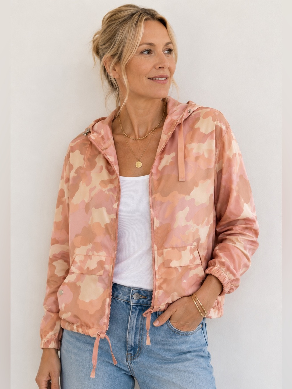 Love Tree Pink Camo Cropped Windbreaker Jacket Medium Hooded Lightweight‎ Y2K